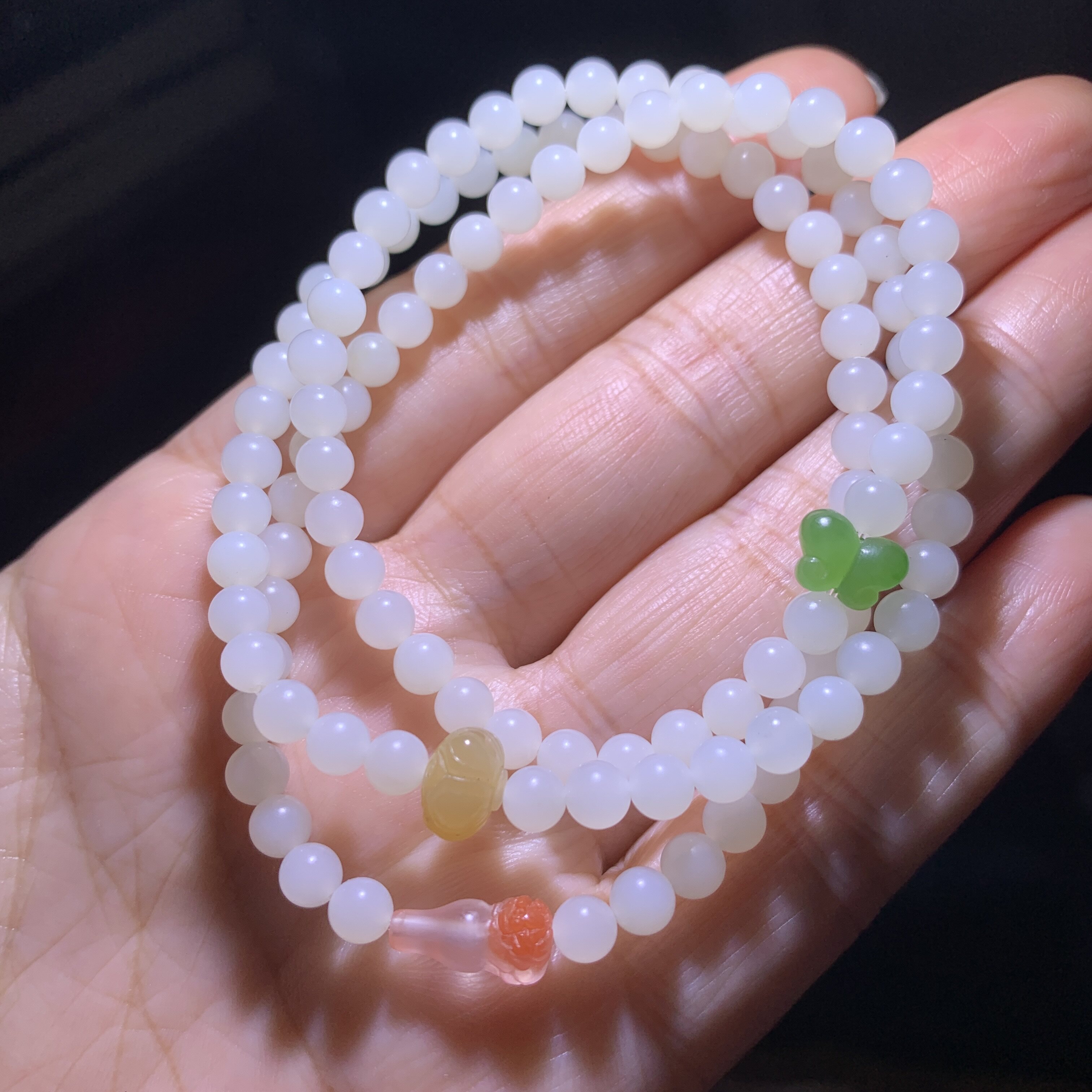 和田玉白玉三圈手链新疆且末米达三圈手链白玉手串项链手工配珠图片