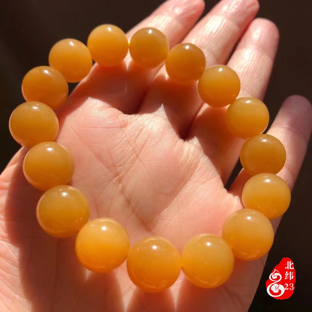 和田玉糖玉圆珠手链蜜糖焦糖单圈手串新疆且末料亮金糖色12mm珠串