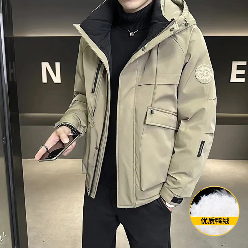 工装风连帽羽绒服短款加厚保暖