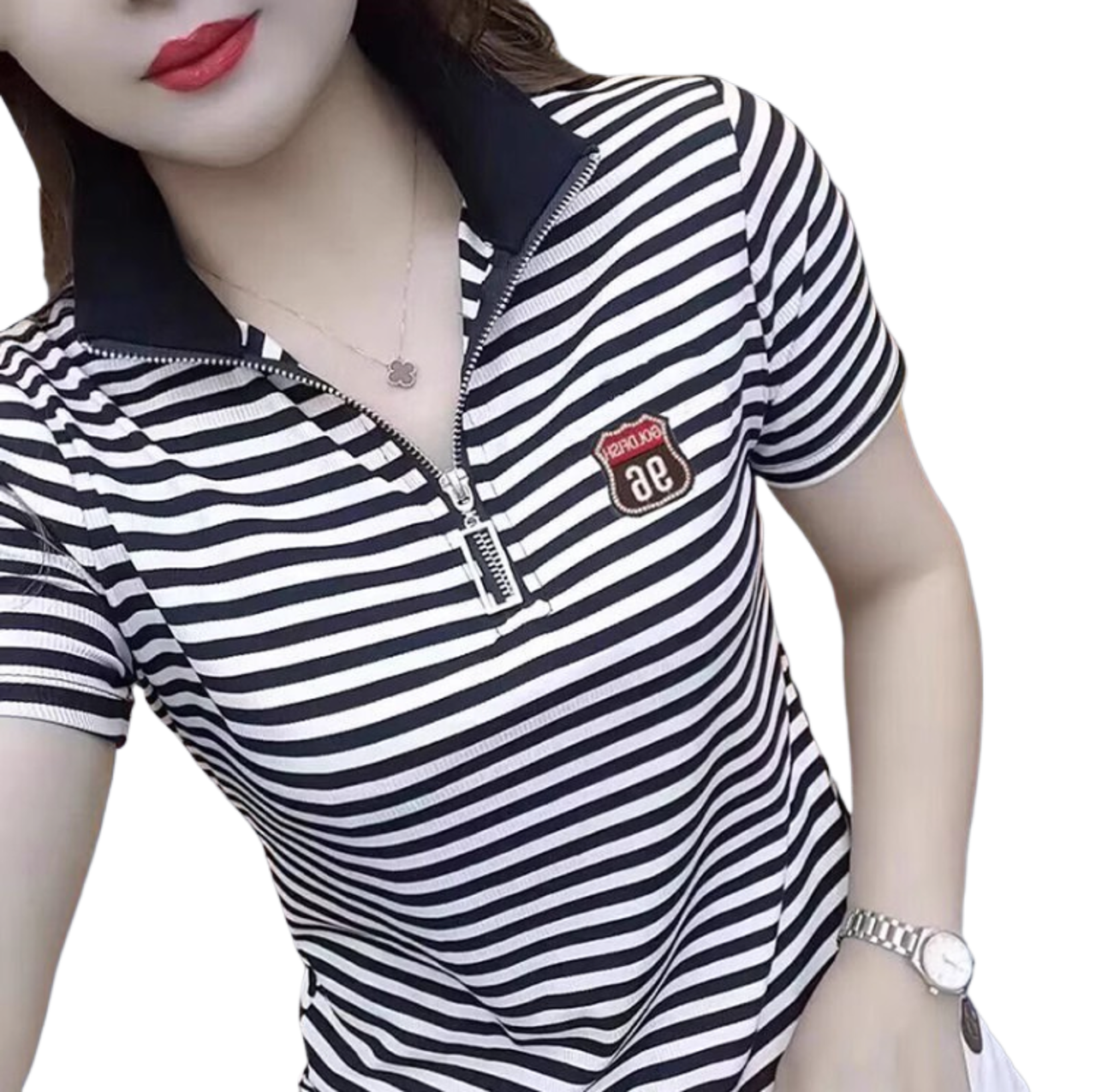 polo衫条纹女装新款立领半拉链时尚翻领撞色上衣T恤夏季女短袖恤