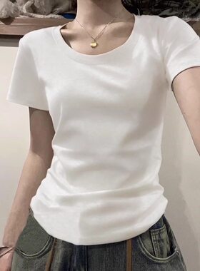 韩版新款简约正肩低圆领短袖T恤女夏重磅小个子修身显瘦百搭上衣