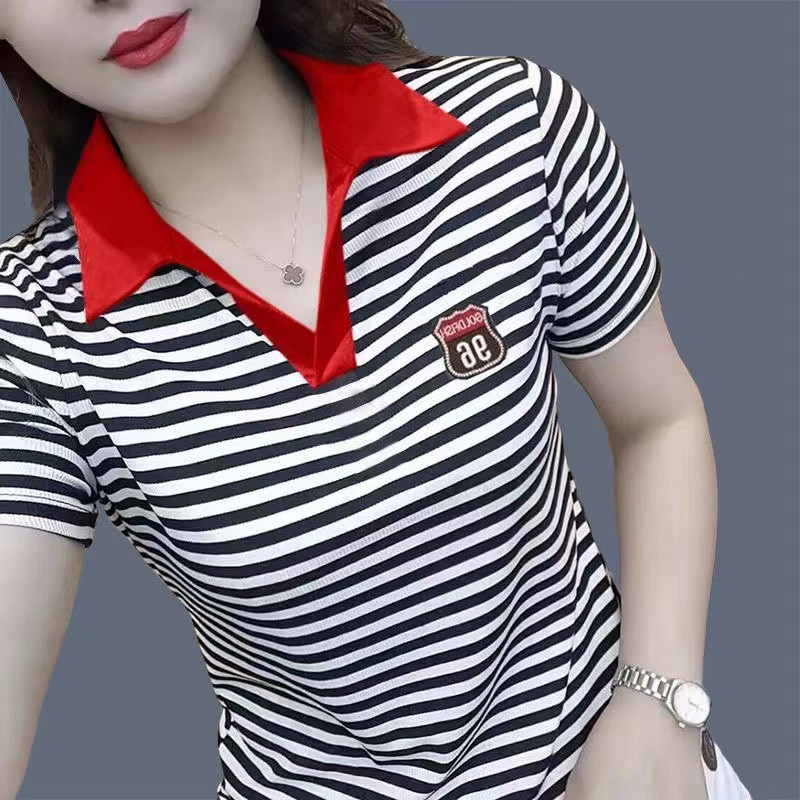 短袖条纹T恤品质上衣POLO衫大码女装洋气时尚百搭翻有体恤夏季V领