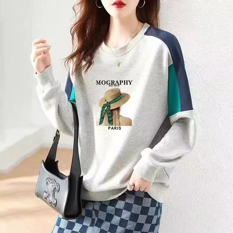 纯棉薄款圆领拼接长袖t恤女秋冬季加绒洋气内搭中长款打底衫上衣