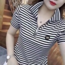 条纹女装 立领半拉链时尚 polo衫 新款 恤 翻领撞色上衣T恤夏季 女短袖