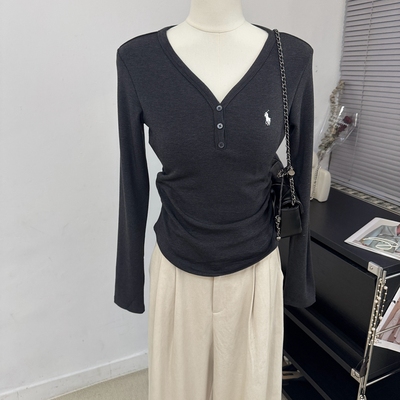 气质简约V领领口扣子磨毛加厚修身长袖T恤女2025秋冬内搭洋气打底
