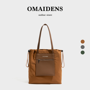 橙子少女简约风尼龙防水托特包女2026春学生电脑包大容量单肩包包