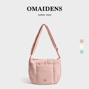 橙子少女春夏轻便尼龙布羽绒粉色小众邮差包大容量单肩斜挎包包