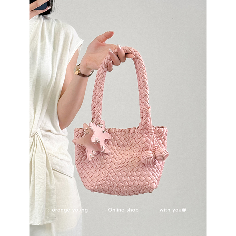 橙子少女手工真皮编织腋下包