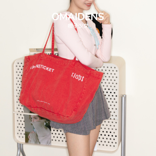 橙子少女洗水做旧牛仔包包女红色帆布包新款 托特包松弛感购物袋包