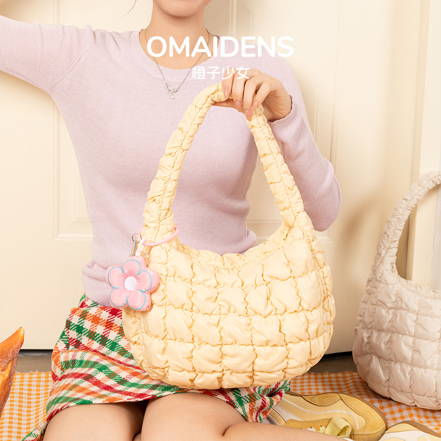 橙子少女韩系日黄光云朵包包女士2026新款褶皱感羽绒包百搭单肩包,箱包皮具/热销女包/男包,托特包,淘宝优惠券,粉丝福利购,淘宝优惠卷