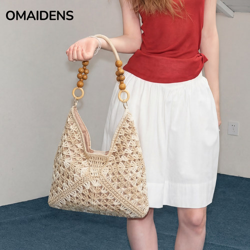 橙子少女拉菲草编度假沙滩托特包