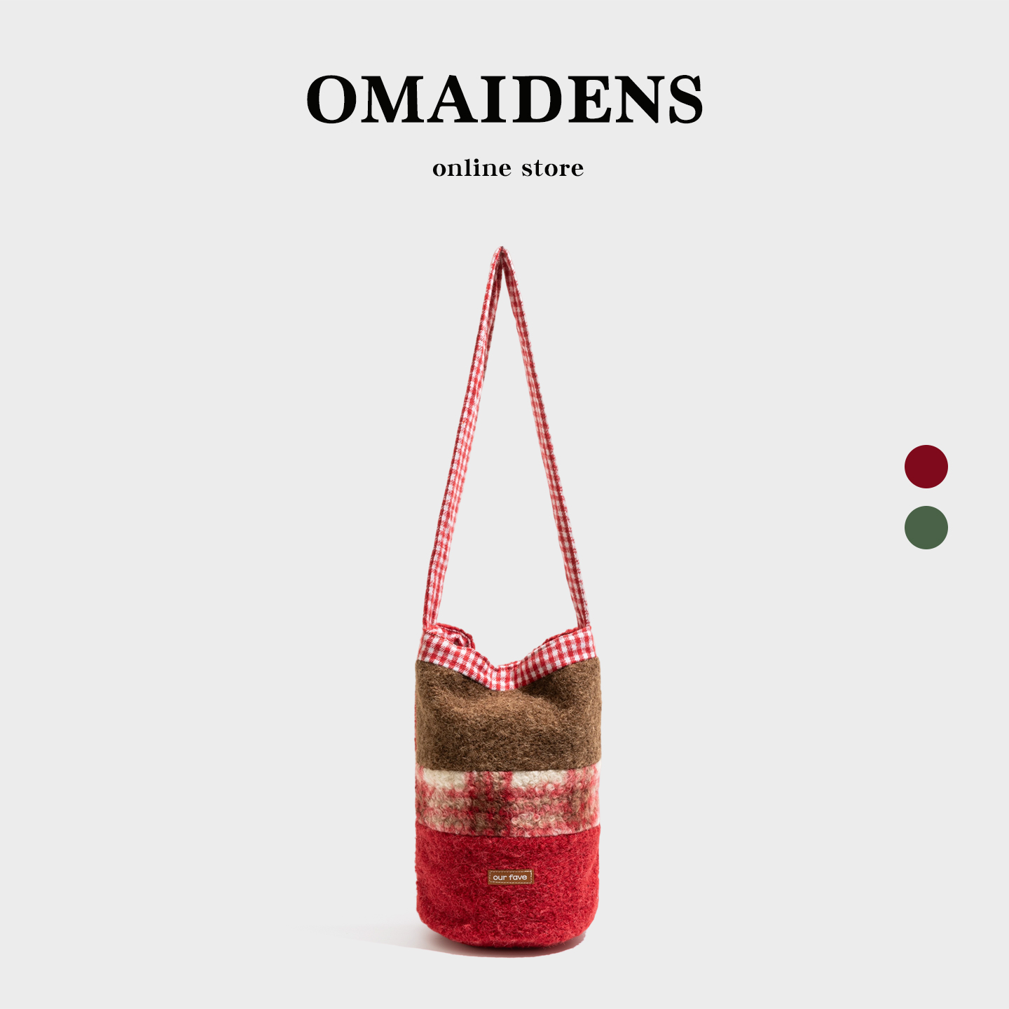 橙子少女韩系绒布拼色毛呢包包2025秋冬水桶包慵懒风斜挎包单肩包