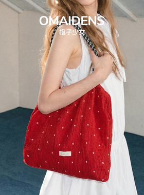 橙子少女韩系红色波点帆布包大容量慵懒风通勤单肩托特包小众设计