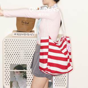 橙子少女红色条纹帆布托特包女大容量通勤手提单肩包休闲简约撞色