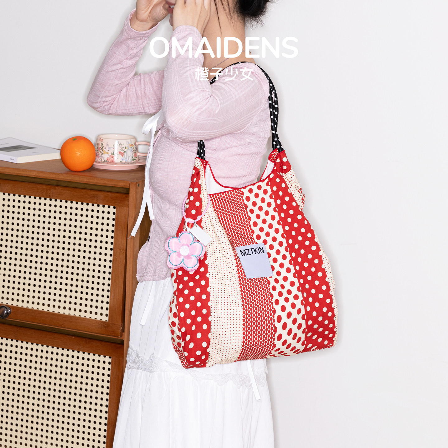橙子少女碎花波点抽绳帆布包文艺小众度假大容量保袋购物袋斜挎包,箱包皮具/热销女包/男包,托特包,淘宝优惠券,粉丝福利购,淘宝优惠卷