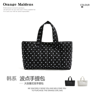 橙子少女韩系波点尼龙包包甜美少女风手提包大容量通勤单肩托特包