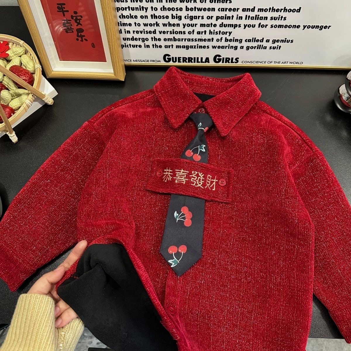 男童拜年服2026新款男孩帅气加厚安可拉红外套儿童秋冬新年衬衫闪