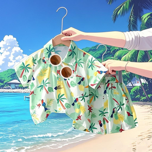 男童夏季套装洋气儿童沙滩短袖花衬衫2026新款时髦宝宝炸街薄衣服