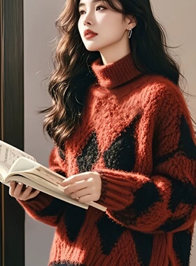 正品哥家新2025秋冬高级感红色菱格高领针织衫女宽松显瘦毛衣女