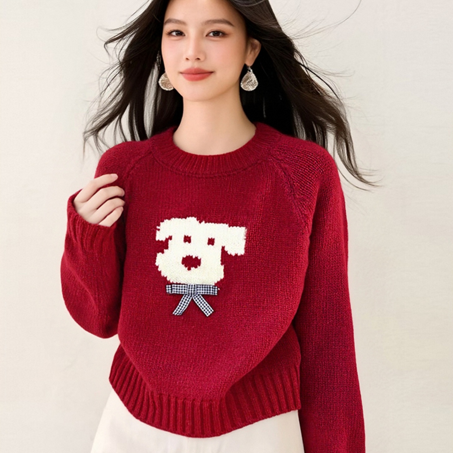 白领哥弟新2025秋冬新款设计感卡通小狗提花圆领毛衣长袖针织衫