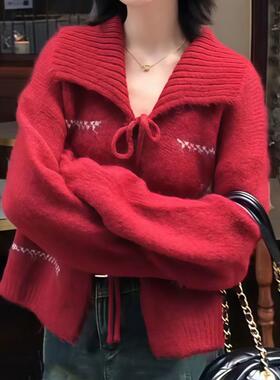 正品哥家新2025冬季红色大翻领针织衫圣诞氛围感慵懒风毛衣外套