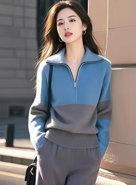 正品哥家新2025秋冬高级感半拉链翻领蓝色针织衫女显瘦毛衣外套