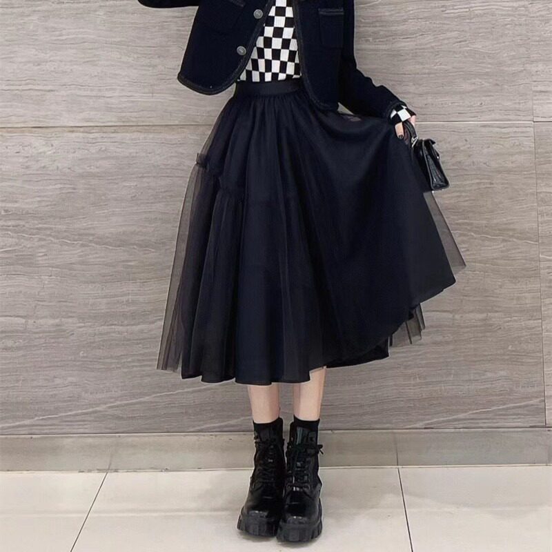 白领哥弟新新款2025春松紧腰网纱中长款半身裙纱裙蓬蓬裙女裙子
