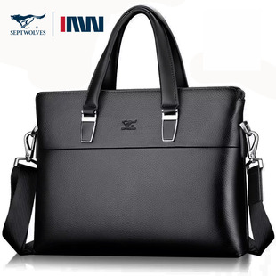 正品七匹狼男士商务真皮手提包头层牛皮单肩斜挎包电脑包公文包潮