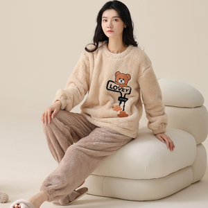 2024款富芬腾睡衣女冬季加厚加绒可外穿珊瑚绒小熊甜美家居服套装