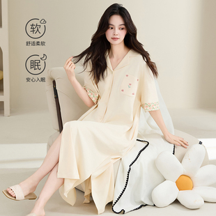草本西子睡袍女款夏季纯棉短袖V领开衫宽松大码简约可外穿家居服