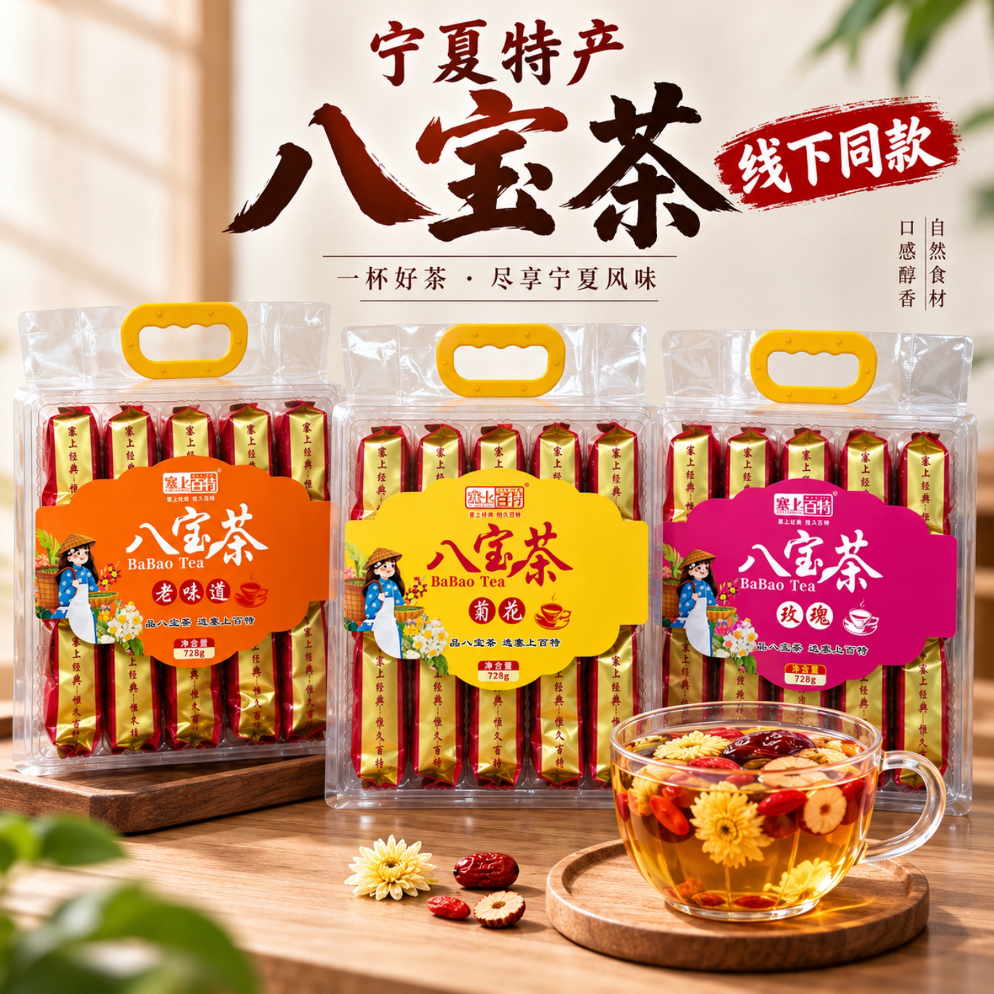 宁夏特产塞上百特八宝茶枸杞玫瑰传统老味道手工盖碗茶728g罐罐茶