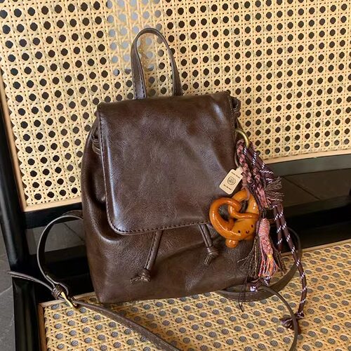 美式复古棕色皮纹小双肩包