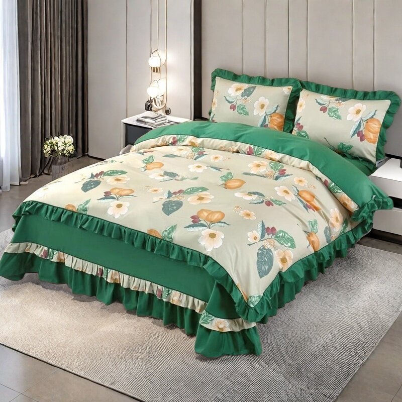 纯棉四件套100全棉2026新款高档紫色墨绿花边床单被套公主风床品