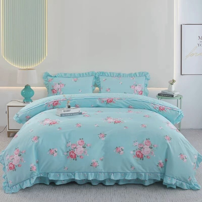 四件套纯棉全棉2026新款轻奢高级感田园风蓝色带裙边花边床单被套