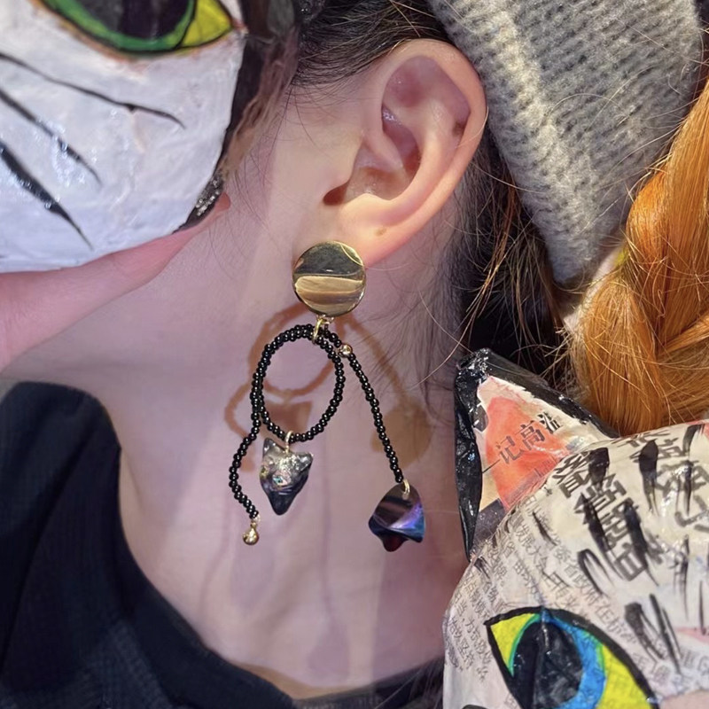 怪有趣 喵喵喵原创粘土猫咪耳钉连体耳骨夹 黑猫耳夹暗黑少女夸张