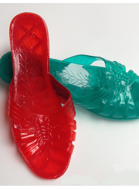 珠江菊花款女士夏老式居家洗澡塑胶料果冻透明妈妈防滑水晶凉拖鞋