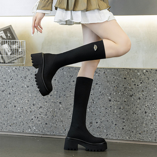 针织弹力高筒长靴子女2025秋季新款粗跟瘦瘦骑士靴厚底高跟袜子靴