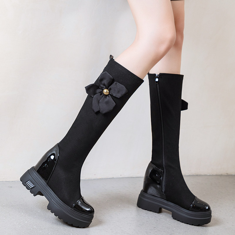 2025秋季新款小个子厚底内增高春秋单靴绣花高筒靴子女超高跟长靴