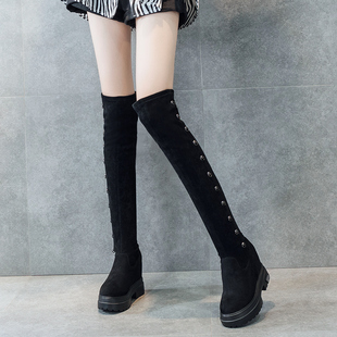 秋冬季加绒显瘦弹力靴子女2025年新款内增高过膝长靴超高跟高筒靴