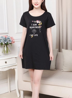 夏季新款短袖连衣裙纯棉大码圆领印花大摆显瘦裙子黑色灰色