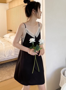 蕾丝睡裙夏女吊带睡衣性感情调家居服新款莫代尔冰丝纯欲风大码