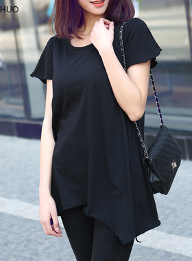 纯棉短袖T恤女2019新款大码韩版中长款不规则下摆宽松打底衫休闲