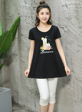 新款女纯棉大码短袖T恤印花圆领中长款A字版遮肚显瘦宽松打底衫