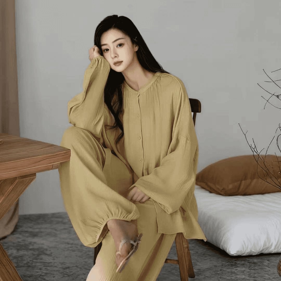 春秋季新款灯笼袖束脚裤长袖睡衣女宽松大码新中式家居服可外穿