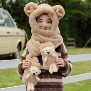 儿童帽子秋冬围巾手套三件套冬季毛绒女童一体帽男大童保暖防风帽