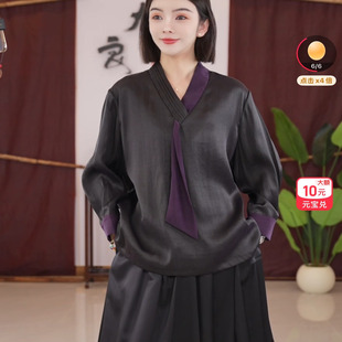 飘紫缎面香云纱汉服风琴褶飘带衬衫 889358 上衣DLF