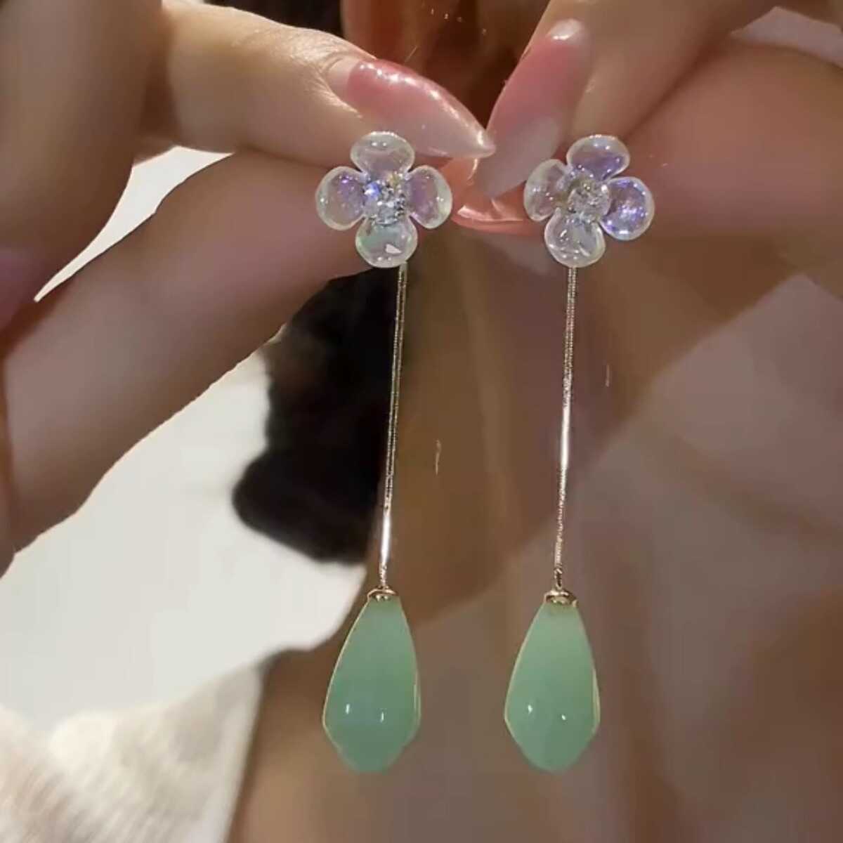 猫眼石玉兰花朵长款两戴耳环超仙