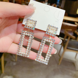 925银针网红方形满钻珍珠耳环 韩国优雅感大气几何矩形夸张耳饰