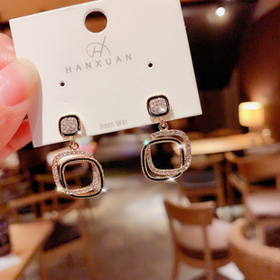 925银针 韩国东大门几何镶钻方块耳钉 复古小巧冷淡风满钻耳坠