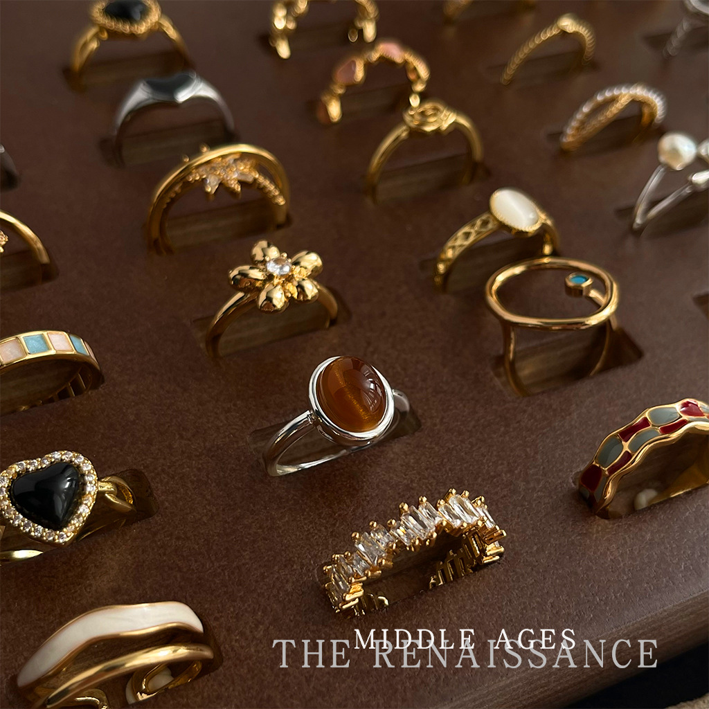 vintage中古风珐琅滴油文艺复古锆石戒指合集虎眼石食指戒可调节